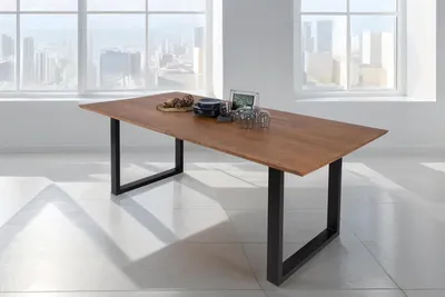 Produktbild von Esstisch 280x100 cm Atlanta, Akazienholz massiv + nussbaumfarben, Esszimmertisch mit Schweizer Kante, U-Metallgestell Schwarz, massiver Holztisch, Tischplatte 26mm