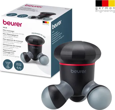 A product shot of a Beurer mini massager and its packaging, with German engineering branding.
