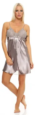 Produktbild von Damen kurzes Satin Negligé Nachtkleid Reizwäsche mit Spitze; Taupe/S