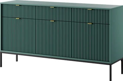 A teal sideboard with fluted doors and gold handles, presented on a white background.