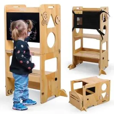 Productafbeelding van Olvy Leerstoel voor kinderen, 3-in-1 Montessori leerstoel, leerstoel geschikt vanaf 1 jaar, leertoren, keukentoren voor kinderen, inklapbare kinderladder, houten trap