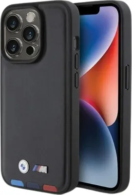 Obrázok produktu pre Etui Bmw kožená známka Tricolor Do Iphone 15 Pro - Čierne