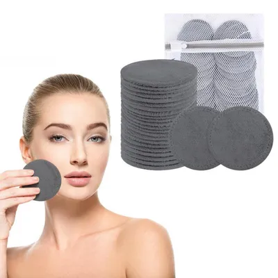 Image de Lingettes démaquillantes en microfibre, lavables, 24 pièces, avec sac de lavage, couleur gris
