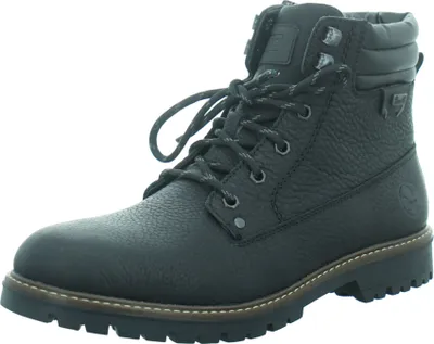 A single black leather boot against a white background.