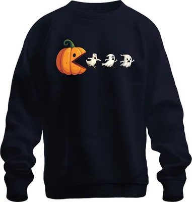 Produktbild von Halloween Kürbis Pacman Geister Party Lustig Cartoon Geschenk Uni Sweatshirt Pullover, Navy, 3XL