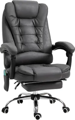 A black ergonomic office chair with a footrest and massage function is shown against a white background.