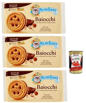 Produktbild von Mulino Bianco Baiocchi Kekse mit Haselnusscreme und Kakao zum Frühstück und süßer Snack für den Nachmittag 3x 336 g + Italian gourmet polpa 400g