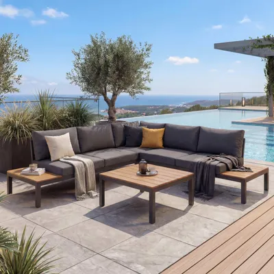 Produktbild von Garten Garnitur HWC-H54b, Garnitur Sitzgruppe Garten-/Lounge-Set Sofa, Olefin Holzoptik Alu  Polster dunkelgrau