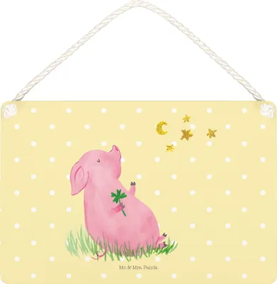 Produktbild von Mr. & Mrs. Panda holzbild Schwein Glück DIN A5 - Gelb Pastell - Geschenk, wandtafel, Spruchschild, Schweinchen, Türschild, Holzschild, Schild, Lustige Sprüche, Ziele