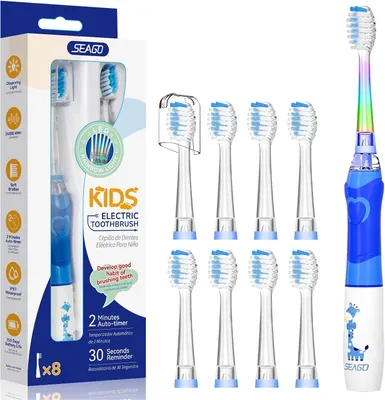 Produktbild von Elektrische Kinderzahnbürste 3-12 Jahre LED Licht Smart Timer 24000 VPM IPX7 Schallzahnbürste 8 Bürstenköpfe weiche Borsten Batteriebetrieben