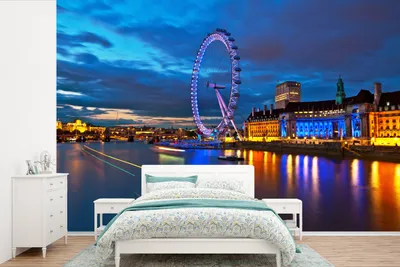 Produktbild von MuchoWow® Fototapete für Wohnzimmer oder Schlafzimmer Wandtapete Vinyl Motivtapete Bunte Gebäude und das London Eye am Abend in London - 450x300 cm - Gemusterte