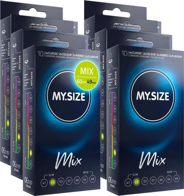 Immagine prodotto di Preservativi My.Size Mix taglia 2, 49 mm, confezione risparmio, | 60 pezzi | Preservativi in 4 eccitanti varianti, con aroma, colore, protuberanze e classici