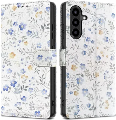 Produktbild von Handyhülle mit Klappe für Galaxy A57 5G, Tech-Protect Wallet, Weiß mit floralem Muster