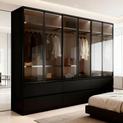A bedroom with a large, modern wardrobe.