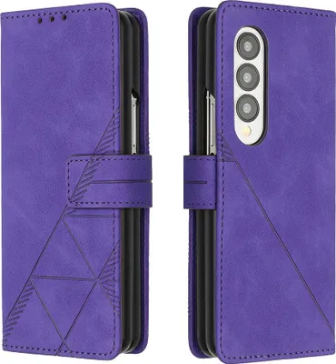 Produktbild von Galaxy Z Fold4 Hülle, Schlank Prägung Flip Leder Kartenfächer Schutzhülle mit Ständer für Samsung Galaxy Z Fold4 Lila