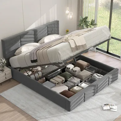 Immagine prodotto di Letto imbottito,letto matrimoniale,letto funzionale idraulico,velluto,stile a righe,letto continentale,testata regolabile in altezza,140 x 190,grigio