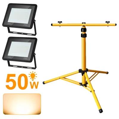 Zdjęcie produktu dla Reflektor LED Yakimz ze statywem, lampy robocze, reflektory punktowe, reflektory budowlane, oświetlenie punktowe, 2×50 W, ciepła biel
