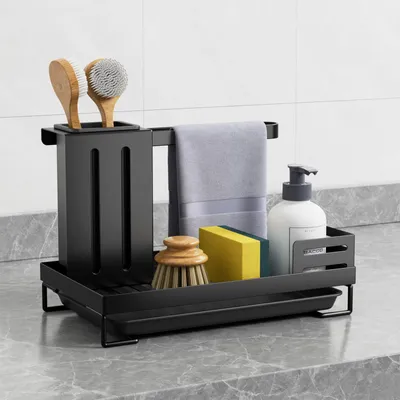 Produktbild von Spülbecken Organizer mit Abflusspfanne, Utensilien Korb für Küche & Badezimmer, Waschbecken Organizer Schwammablage Küchen Küche Spüle Organizer