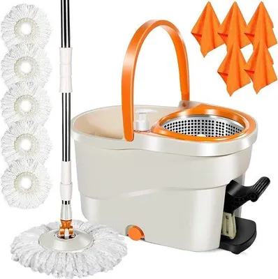 Immagine prodotto di Set per la pulizia dei pavimenti, secchio da 7 l, manico telescopico da 138 cm, mop con strizzatore, 5 panni in microfibra