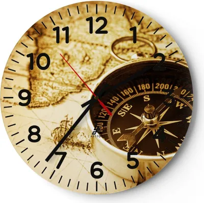 Produktbild von Wanduhr - Rund - Glasuhr - Kompass alt reisen Reise - 30x30cm - Schleichendes Uhrwerk - Lautlos - zum Aufhängen bereit - Dekoration Modern - Wanddekoration aus Glas - C4AR30x30-2103