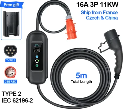 Obrázek produktu pro Přenosná nabíječka EV, nastavitelná 8-16 A, funkce časového zpoždění, 11 kW s držákem, TYPE2