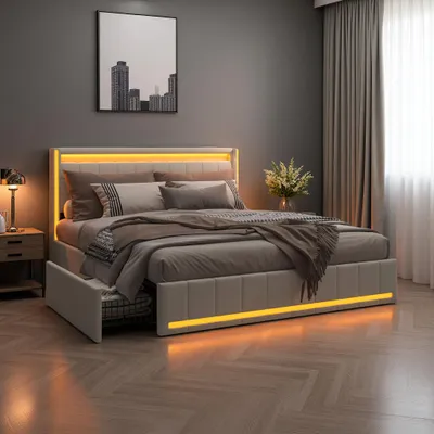 Immagine prodotto di UnboxG Letto matrimoniale 140x190 cm Beige in tessuto con 4 cassetti in metallo – Illuminazione a LED su testiera e pediera, porta USB, letto imbottito