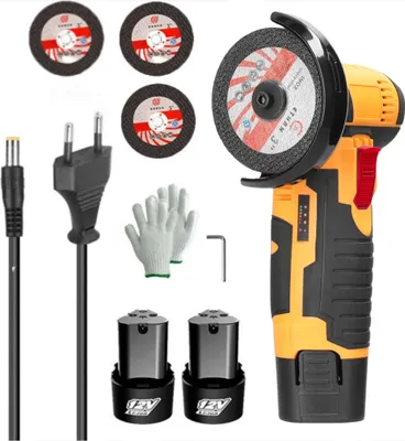 Produktbild von 500W 12V Akku-Winkelschleifer, 76mm Schleifscheibe, mit Ladegerät und 2 × 1500Mah Batterien, 3er Trennscheiben