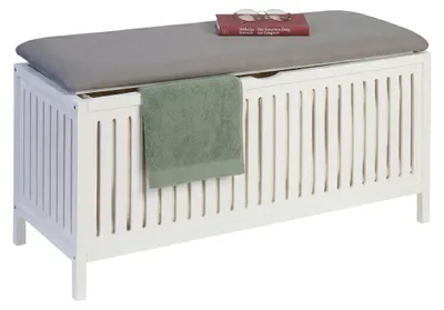Zdjęcie produktu dla Relaxdays – kosz na pranie z siedziskiem, orzech, wyściełana pokrywa, wymiary: 50 x 100 x 38 cm, stołek łazienkowy z schowkiem, biało-szary