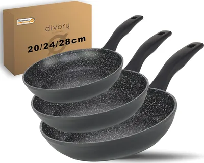 Image de Ensemble de trois poêles à induction, avec revêtement antiadhésif, de 20 cm, 24 cm et 28 cm, idéal pour la cuisine