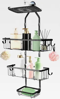 Produktbild von Duschablage Zum Hängen Badezimmer Organizer, 3-Tier Duschregal Zum Hängen Kein Bohren, Bad Organizer mit Seifenschale 6 Haken, Überkopf Aufbewahrung Badezimmer für Shampoo Badeschwamm