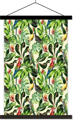 Produktbild von MuchoWow® Textilposter Blumen - Vogel - Blätter 40x60 cm mit schwarzem Rahmen - Wanddekorationen