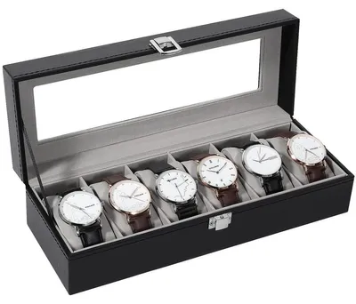 Image de Boîte de rangement pour montres avec présentoir - Simili cuirPolyuréthane- 6 compartiments - Noir