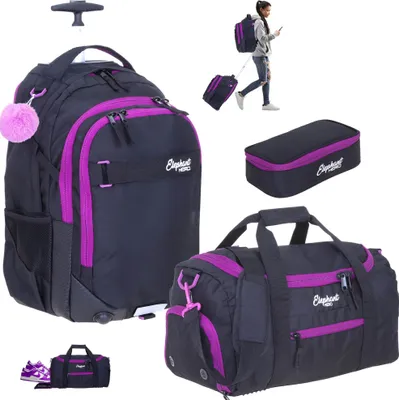 Produktbild von Schultrolley 3 Teile Set Elephant Hero Signature Trolley Rucksack Trolly Sporttasche Mäppchen Box Mädchen Premium 13016 Tiff Lila Violett Black tsmb