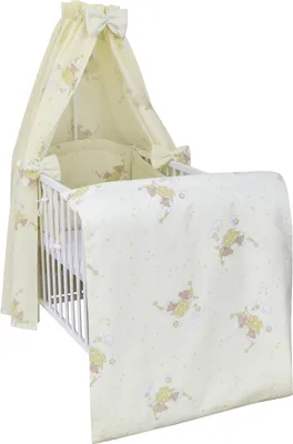Produktbild von Baby-Delux Babybett Kinderbett Gitterbett Milo Weiß 120x60 Komplett Bettset 10-tlg. Teddy Hängematte creme Vollstoff