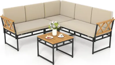 Obrázek produktu pro COSTWAY Lounge nábytek Outdoor, 4dílná sada zahradního nábytku s pohovkou a stolem, zahradní pohovka, sedací souprava, balkonový nábytek, terasový nábytek včetně sedáků a opěrek