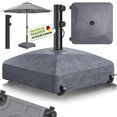 Immagine prodotto di tillvex® Supporto per ombrellone GRAVIA con rotelle e freni Effetto granito | Supporto riempibile 37 litri / 56 kg | Peso ombrellone e ombrellone da mercato Ø 1,8-3,7 m | Supporto per ombrellone a braccio laterale resistente alle intemperie