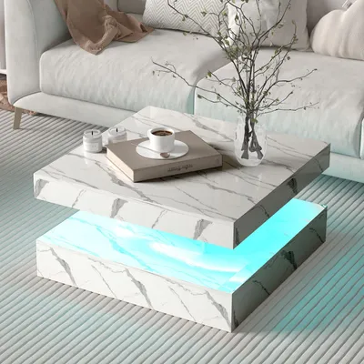 Produktbild von Radelldar Modern Wohnzimmertisch Hochglanz mit Beleuchtung&Fernsteuerung, USB, 78 x 78 x 40cm, Weiß marmor