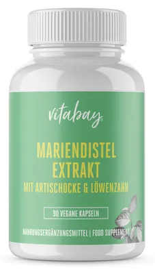 Produktbild von Vitabay Mariendistel-Artischocke-Löwenzahn Komplex – 90 vegane Kapseln, hochdosiert mit 250 mg Mariendistel-Extrakt & Artischockenextrakt