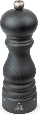 A black wooden pepper grinder with a silver top.