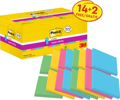 Produktbild von Post-it® Super Sticky Z-Notes Haftnotizen - Verschiedene Farben - 76 mm x 76 mm - 90 Blatt/Block - 14 Stücke + 2 Gratis