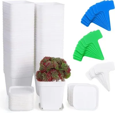 Obrázek produktu pro Plastová sada obsahující 60 květináčů, 60 štítků, 7 cm, bílá, do zahrady, kanceláře a na balkon
