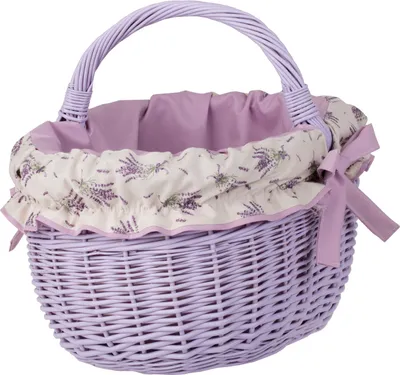 A lavender-colored wicker basket with a floral lining.