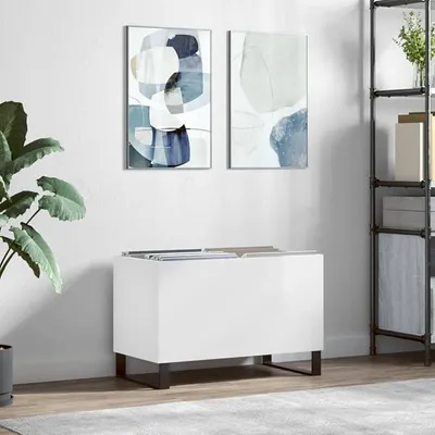 Produktbild von Schrank für Schallplatten weiß glänzend 74,5 x 38 x 48 cm aus mehrschichtigem Holz mit Füßen aus Eisen für Plattenspieler und Schallplatten