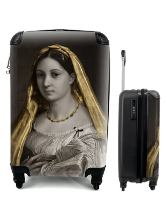 Produktbild von MuchoWow® Koffer Handgepäck Trolley Rollkoffer Kleine Reisekoffer mit 4 Rollen - Die verschleierte Frau - Raffaello Sanzio - Gold - Cabin Size < 55x40x23 cm & 55x40x20 cm - Fotokoffer - Kabinenkoffer - Boardgepäck - Reise-Box - Reisekoffer - Reisegepäck - Koffer mit Bild - Trolley für Kinder