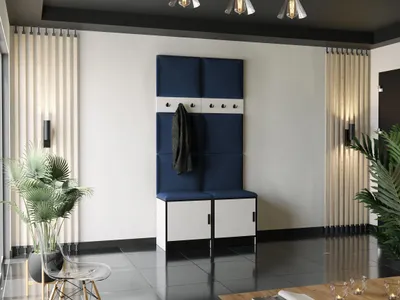 A modern entryway furniture piece with a coat rack and storage cabinets.