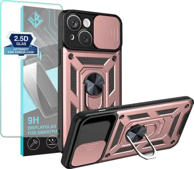 Produktbild von Armor Handyhülle für Apple iPhone 15 mit 9H Displayglas Displayschutz Kameraschutz Handy Panzer Case Cover Schutzhülle Outdoor Farbe: Rosegold