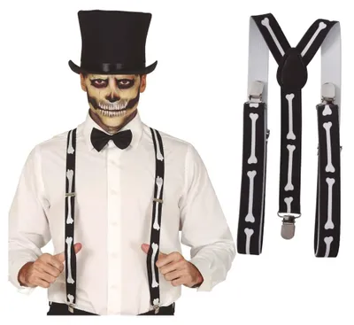 Produktbild von Skelett Hosenträger – Halloween Kostümaccessoire mit Knochenmotiv – Verstellbare Hosenträger One Size