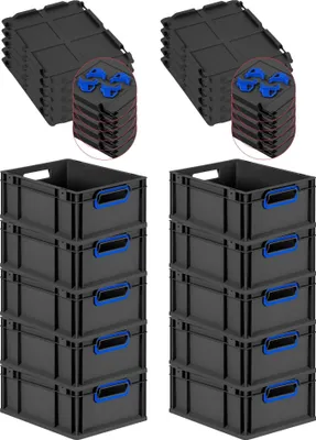 Produktbild von SuperSparSet 10x Eurobox NextGen Color mit Auflagedeckel und Schiebeschnappverschlüsse | HxBxT 17x30x40cm | 16 Liter | Schwarz | Griffe blau offen | Eurobehälter, Transportbox, Transportbehälter, Stapelbehälter