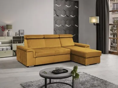Produktbild von Ecksofa L-Form Monaco Schlaffunktion Bettkasten Lieferung bis in die Wohnung 245 cm universelle Ottomane Sofa mit Relaxfunktion und Kopfstützen    ( Kronos 01 - gelb )