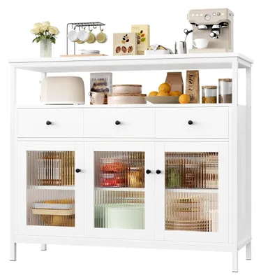 Produktbild von Sideboard Küchenschrank mit Arbeitsplatte, 3 Schubladen und 3 Glastüren, Buffetschrank Kommode Kaffeebar Mehrzweckschrank, Sideboard für Wohnzimmer Küche Esszimmer 108 x 38 x 98,5 cm weiß